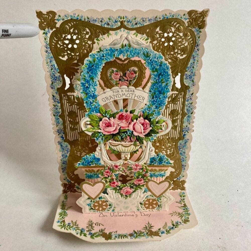 Vintage 3D Valentine Card "For A Dear Grandmother" Pop-Out Embossed Grandma 1963